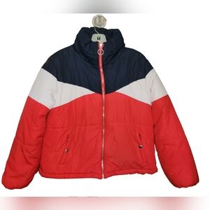 New Look Tricolor Block Puffer Jacket Size Med/ Red White Blue Retro Sporty
